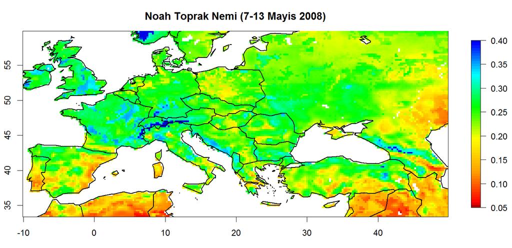 Ham NOAH değerleri kullanılarak 7-13 Mayıs 2008 tarihi için elde edilen haftalık ortalama toprak nemi haritası ġekil 2 de gösterilmektedir.