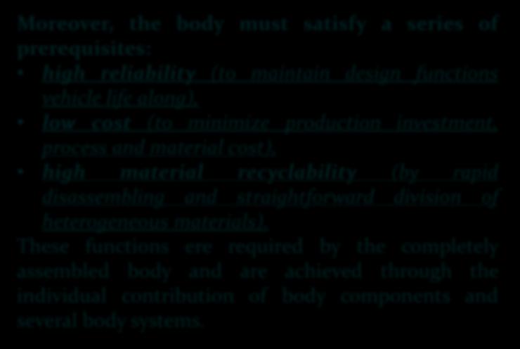 Moreover, the body must satisfy a series of prerequisites: high reliability (to maintain design functions vehicle life along), low cost (to minimize