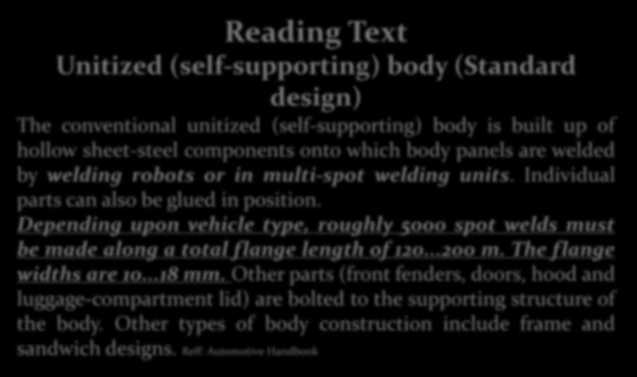 Reading Text Unitized (self-supporting) body (Standard design) The conventional unitized (self-supporting) body is built up of hollow sheet-steel components onto which body panels are welded by