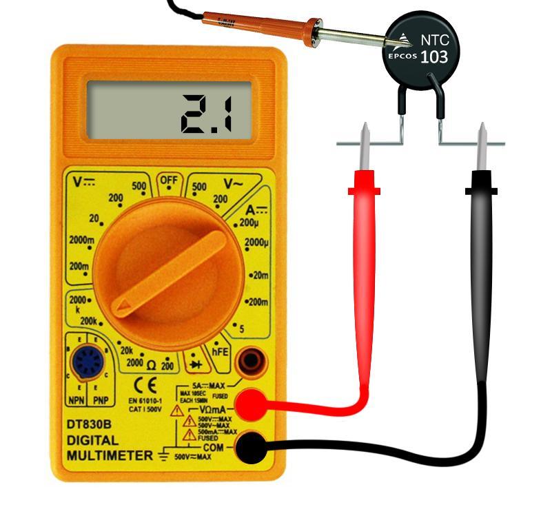 19 Yüksek Isı Kaynağı (Havya) 10 KΩ dirençli NTC 2. ölçümde NTC termistörüne Yüksek bir ısı kaynağı (Havya) değdirilir. Yaklaşık 200 ºC ısıda NTC nin direncinin ineceği Minimum değer görüntülenir.