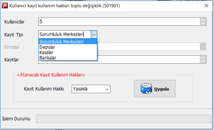 7. Kullanıcı kayıt kullanım hakları toplu değişiklik (501901) menüsü Kuruluş programlarımıza eklenmiştir.