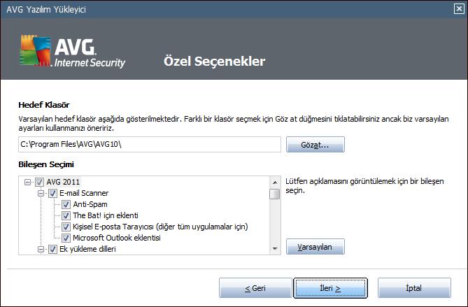 4.4. Özel seçenekler Özel Seçenekler iletişim kutusu yükleme parametrelerinin iki parametresini ayarlamanıza olanak verir: Hedef Klasör İletişim kutusunun Hedef Klasör bölümünde, AVG Internet