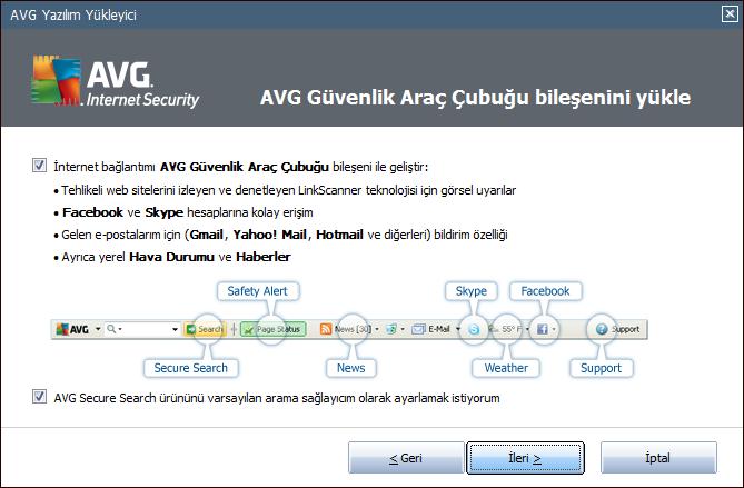 4.5. AVG Security Toolbar'ı yükle AVG Security Toolbar'ı yükle iletişim kutusunda, AVG Security Toolbar uygulamasını yüklemek isteyip istemediğinize karar verebilirsiniz.