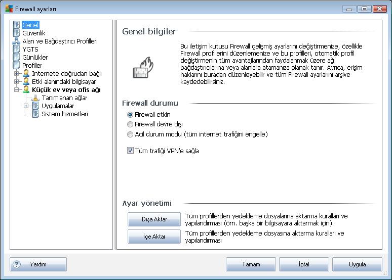 10. Güvenlik Duvarı Ayarları Güvenlik Duvarı yapılandırması, çeşitli iletişim kutularında bileşenin gelişmiş parametrelerini yapılandırabileceğiniz yeni bir pencere açar.