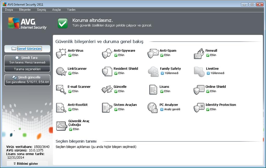 6. AVG Kullanıcı Arayüzü AVG Internet Security 2011, ana pencerede açılır: Ana pencere çok sayıda bölüme ayrılır: Sistem Menüsü (penceredeki en üst sistem çubuğu)tüm AVG bileşenlerine, hizmetlerine