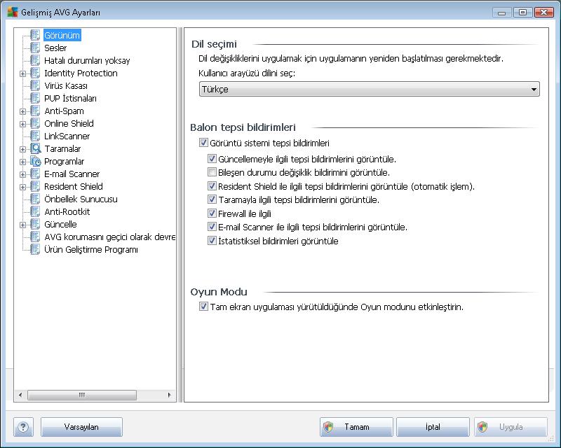 9. AVG Gelişmiş Ayarlar AVG Internet Security 2011 Gelişmiş yapılandırma iletişim kutusu Gelişmiş AVG Ayarları adlı yeni bir pencerede açılır.