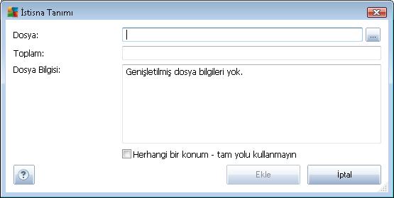 İstisna ekle - oluşturulacak yeni istisnanın parametrelerini tanımlayabileceğiniz yeni bir düzenleme iletişim kutusu açar: o Dosya - istisna olarak belirlemek istediğiniz dosyanın tam yolunu girin o