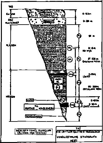 Şekil 1. Genel stratigrafi. 13. Yapı Işıklar sahasında rezerv faylarla kontrol edilmiş bir havzada oluşmuş ve güneybatı kesimlerde bölgesel kıvrımlanmalar meydana gelmiştir (2).