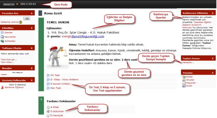 Derse giriş yapabilmek için ilgili dersin üzerine tıklarsanız (örneğimizde 05. Temel Hukukdersini seçtik.) aşağıdaki ekran görünecektir.