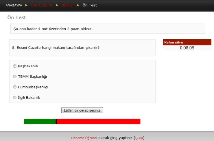 Sınava başladığında sağ üst köşede süreyi tutan bir saat belirecektir. Kronometre olarak test süresinden geriye kalan süreyi verecektir. Bu örneğimizde sınav süresi 10 dakikadır.