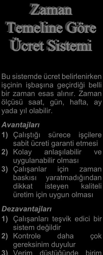 SMMM STAJ BAŞLATMA SINAVI ÜCRET SİSTEMLERİ Bu sistemde ücret belirlenirken işçinin işbaşına geçirdiği belli bir zaman esas alınır. Zaman ölçüsü saat, gün, hafta, ay yada yıl olabilir.