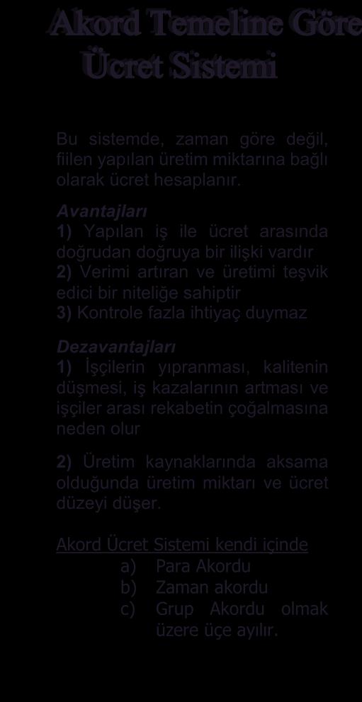 için uygun olması Dezavantajları 1) Çalışanları teşvik edici bir sistem değildir 2) Kontrole daha çok gereksinim duyulur 3) Verim düştüğünde birim a) Para Akordu Asgari ücretler ve normal olarak bir