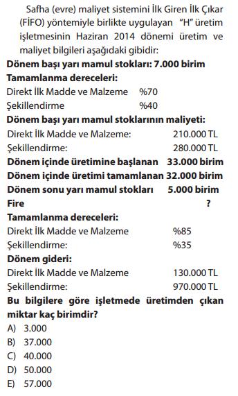 000 eşdeğer birim ve şekillendirme acısından 1.250 eşdeğer ise içinde bulunulan donemde tamamlanan mamullerin maliyeti kaç TL dir? 20. A) 106.435 B) 105.