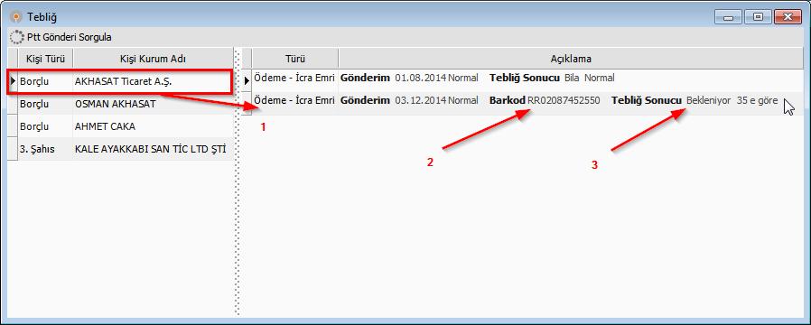 1- Seçim yapılan borçluya ilişkin yeni bir Tebliğ kaydı oluşturulur (1). 2- Bu tebliğ kaydı için barkod numarası sahası doldurulur (2).