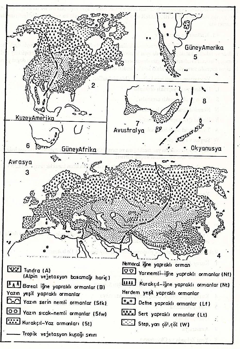 Rakamlar kara parçalanm göstermektedir. Detay için Şekil 1'e bakınız. 1. Kuzey Amerika'nın Doğusu 2. Kuzey Amerika'nın Batısı 3.