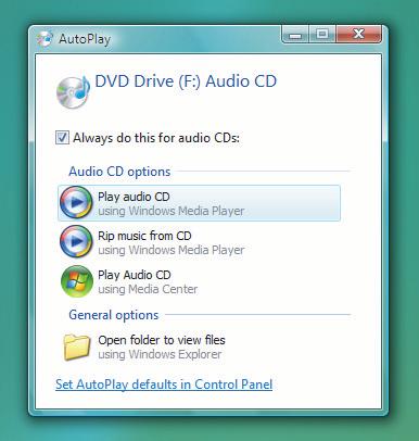 Windows Media Center açık değilken bir müzik CD si yerleştirdiğinizde, ne yapmak istediğinizi soran bir mesaj görüntülenir.