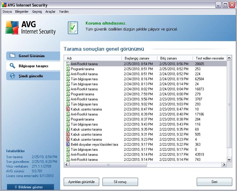 11.6. Tarama Sonuçları Genel Görünümü Tarama sonuçlarina genel bakis penceresine, AVG tarama arayüzünde Tarama geçmisi dügmesine basarak ulasabilirsiniz.