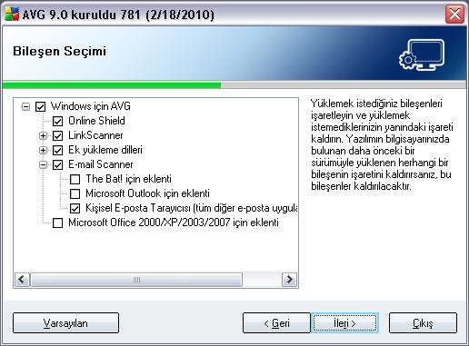 Hedef Klasör iletisim kutusu, AVG 9 Anti-Virus programinin yüklenmesi gereken yeri belirtmenizi saglar. Varsayilan olarak AVG, C: Sürücüsü üzerinde program dosyalari klasörüne yüklenecektir.