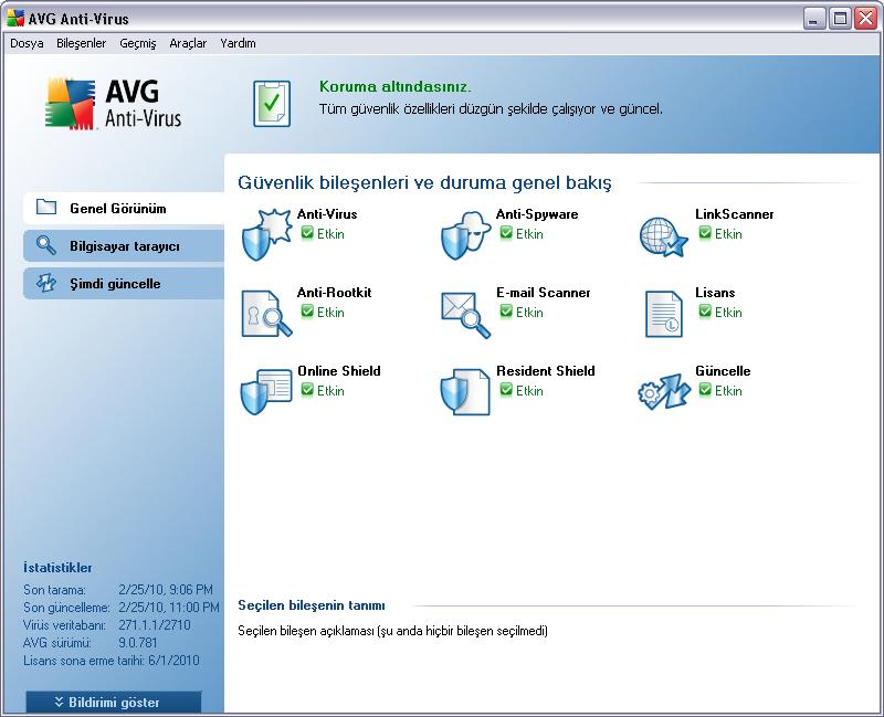 7. AVG Kullanıcı Arayüzü AVG 9 Anti-Virus, ana pencerede açilir: Ana pencere çok sayida bölüme ayrilir: Sistem Menüsü (penceredeki en üst sistem çubugu)tüm AVG bilesenlerine, servislerine ve