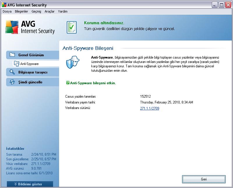 8.2.2. Casus Yazılımdan Koruma Arayüzü Anti-Spyware bileseninin arayüzünde bilesenin fonksiyonlarina, bilesenin mevcut durumu hakkinda bilgiye (Anti-Spyware bileseni aktiftir.