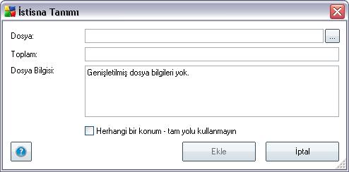 Düzenle - önceden tanimlanmis olan bir istisnanin parametrelerini düzenleyebileceginiz bir düzenleme iletisim kutusu açar (yeni istisna tanimi iletisim kutusuyla ayni, asagiya bakin) Sil - seçilen