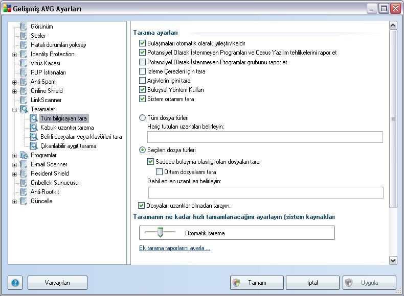 Tarama ayarlari Tarama ayarlari bölümünde istege bagli olarak açilip kapatilabilecek tarama parametreleri listelenmistir: Bulasmayi otomatik temizle/sil : tarama islemi sirasinda bir birüs