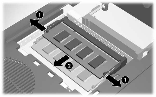 Bellek modülleri ekleme veya değiştirme 8. Bellek modülünü çıkarmak için: a. Tutma kliplerini 1 bellek modülünün her iki yanından dışarı doğru çekin. Bellek modülü yukarı kalkar. b. Bellek modülünü 2 kenarından kavrayıp modülü bellek yuvasından yavaşça çekip çıkarın.