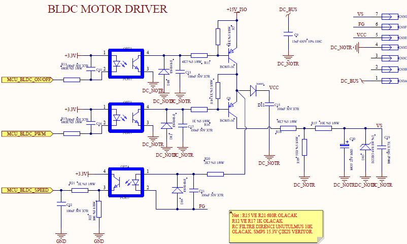 ucu, sarı renk BLDC motora uygulanan PWM ucu, kırmızı renk 310V besleme ucu, siyah