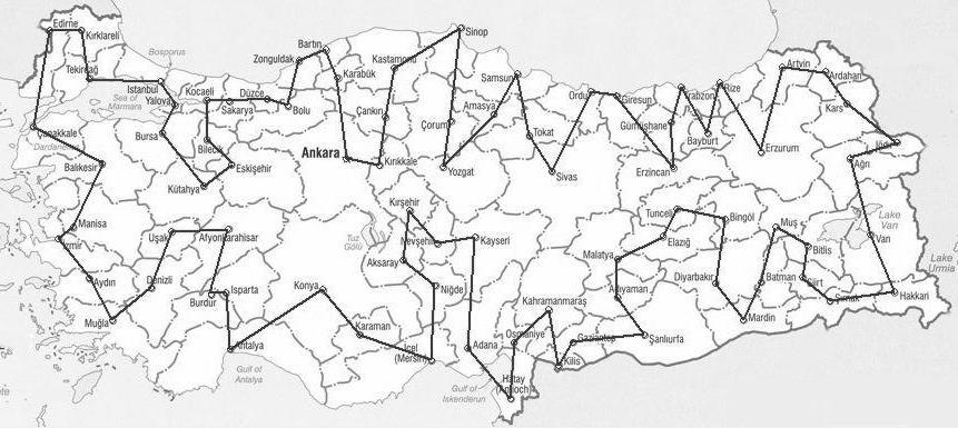 46 ġekil 6.4. Türkiye 81 il merkezi için HABC ile bulunan en iyi yol ġekil 6.5. Türkiye 81 il merkezi için PSO ve GA ile bulunan en iyi yol (Özsağlam, 2009) 6.3.