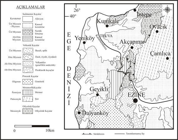 Truva Bölgesi Sağ Sahil Fluviyal Toprakları Şekil 2. Çalışma alanı ve çevresi jeolojisi (Kayan, 2000) Figure 2. Geology of study area and its around (Kayan, 2000) içermektedir.