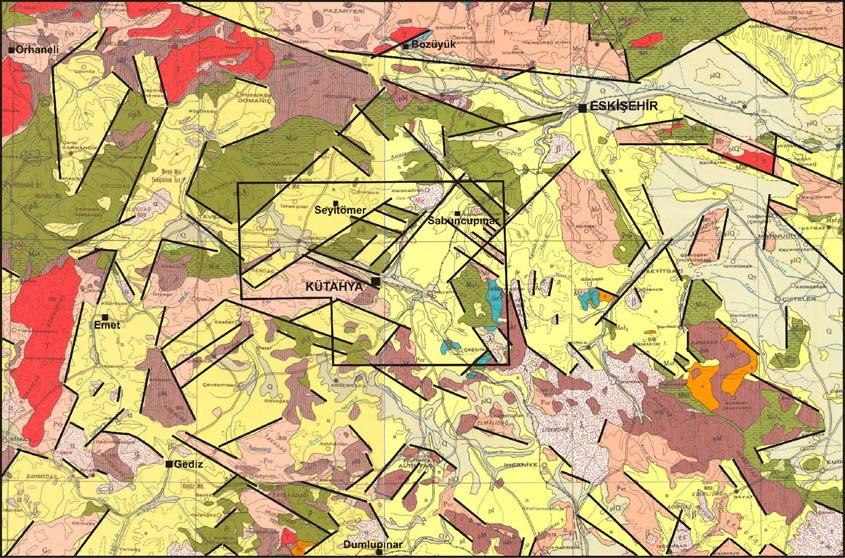 Şekil 3.1: Kütahya ve çevresini kapsayan 1/500000 ölçekli jeoloji haritası (http://www.mta.gov.tr, değiştirilerek) Şekil 3.