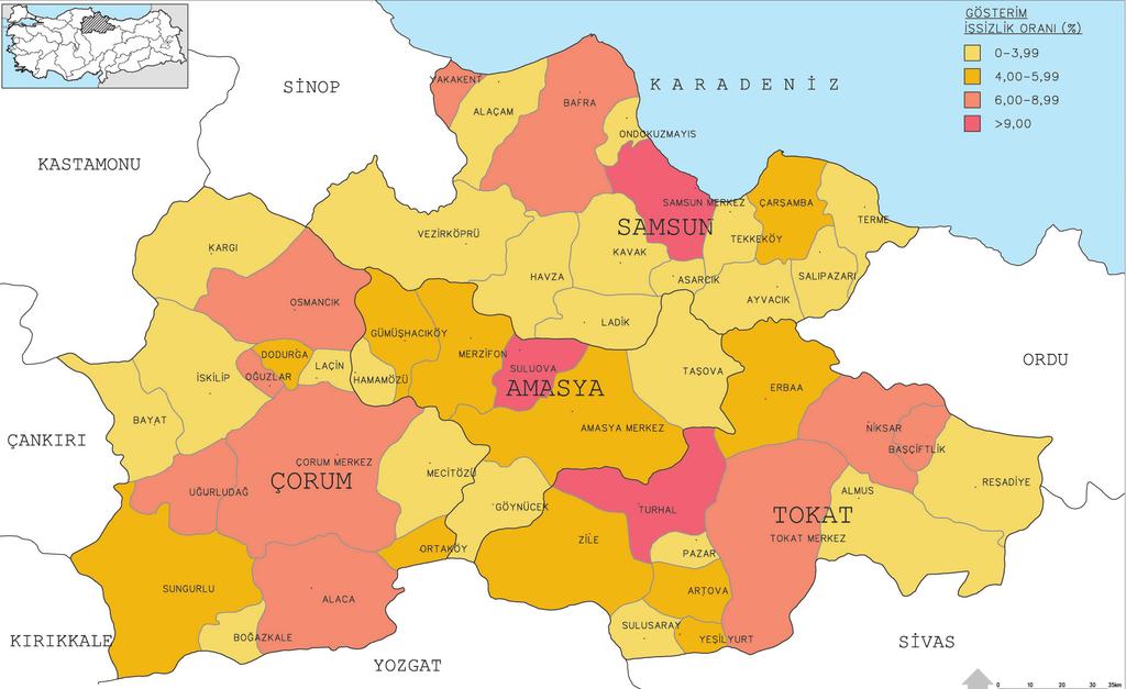 2.SOSYAL YAPI Şekil 2.7.3.3.2 Bölgede İlçe Bazında İşsizlik Oranları Kaynak: YHGP, 2006 göstermektedir.