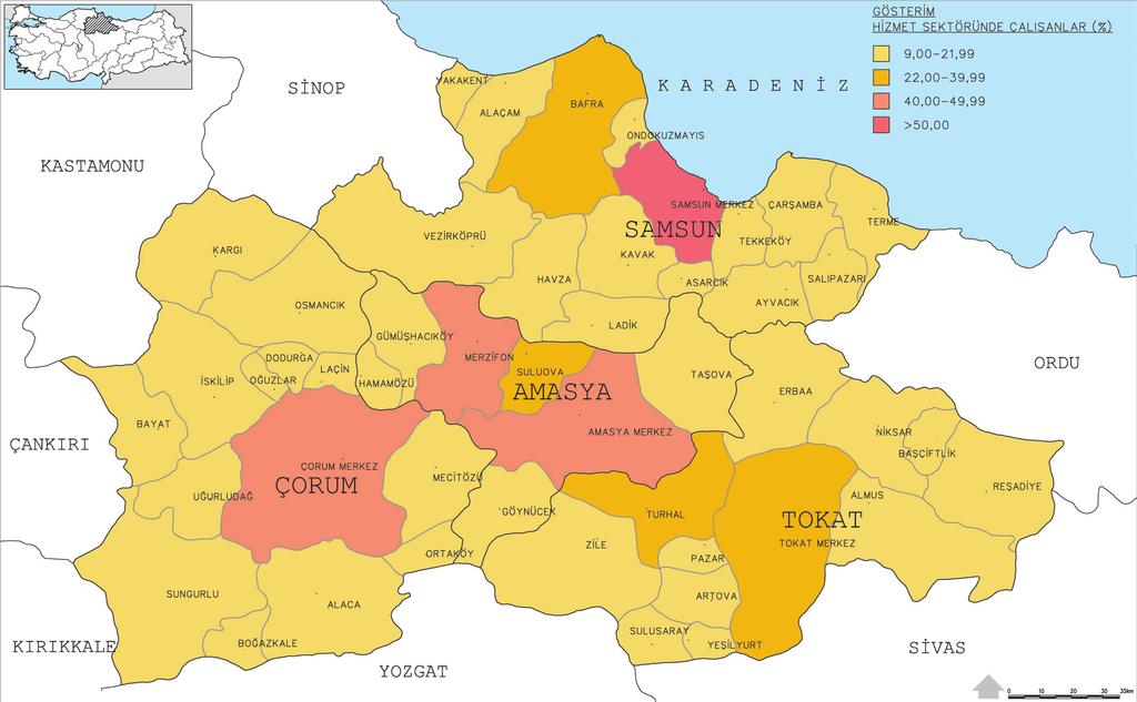 2.SOSYAL YAPI Şekil 2.7.3.2.3 Bölgede İlçe Bazında Hizmet Sektöründe Çalışanların Oranı Kaynak: YHGP, 2006 Şekil 2.7.3.2.4 Bölgede İlçe Bazında Sanayi Sektöründe Çalışanların Oranı 166 Kaynak: YHGP,