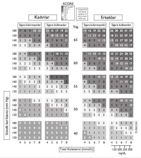 DİSLİPİDEMİK HASTADA RİSK DEĞERLENDİRMESİ VE LDL KOLESTEROL YÜKSEKLİĞİNE YAKLAŞIM 17 Şekil 2.1. SCORE çizelgesi (ESC/EAS 2011 dislipidemi tedavi kılavuzundan alıntı).