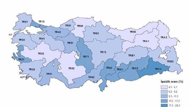 EKONOMİK RAPOR - 2016 İBBS Düzey 2 ye Göre İşsizlik Oranları (2016) Kaynak: TÜİK.