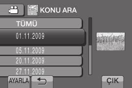2 [MPG DOSYASINI OYNAT]'ı seçin. 3 Konuyu seçin. 3 Oynatmak istediğiniz dosyayı seçin. 4 Kayıt tarihini seçin. Tüm dosyaları görüntülemek için [TÜMÜ]'i seçin.