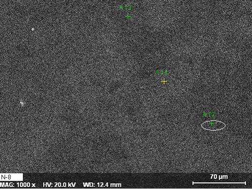 Şekil 4. 8 nolu sıra ait SEM görüntüsü. Figure 4. SEM micrograph belonging to the 8 glaze. Şekil 5. Şekil 4 deki beyaz halka ile işaretli bölgeden alınan ve zircon kristalini tanımlayan EDX grafiği.