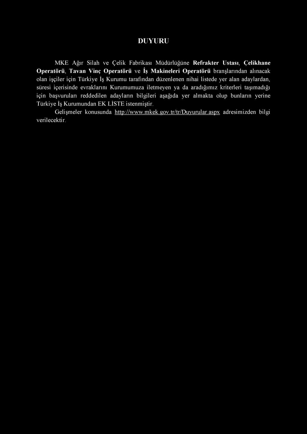 evraklarını Kurumumuza iletmeyen ya da aradığımız kriterleri taşımadığı için başvuruları reddedilen adayların bilgileri aşağıda yer almakta