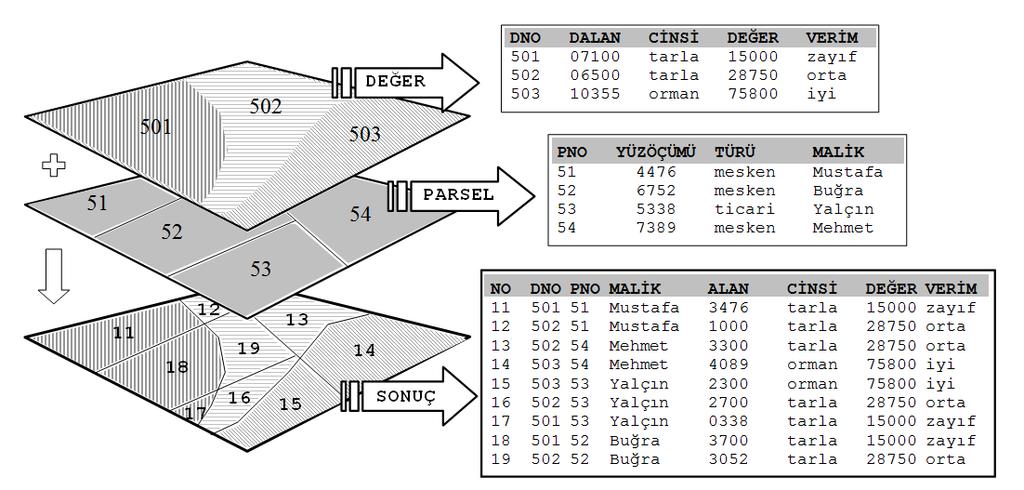 Alan detayların alan detaylara birleştirilmesi (polygon-on-polygon overlay) Örnek olarak, parsel ve bu parsellere karşılık gelecek arazi değerlerinin tespiti verilebilir.