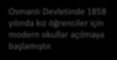 çarşısında çalışma yerleri bulunurdu. Çadırcılık, örgü, halı dokumacılığı gibi işler yaparlardı. Osmanlı Devletinde 1858 yılında kız öğrenciler için modern okullar açılmaya başlamıştır.