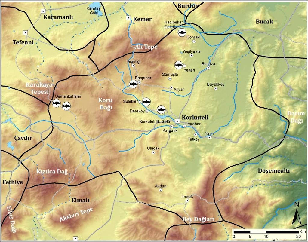 Erman ve Küçük 2017 - LimnoFish 3(1): 33-44 35 Şekil 1. Korkuteli İlçesinde (N23, N24 paftası) yer alan çalışma alanı. Çizelge 2.