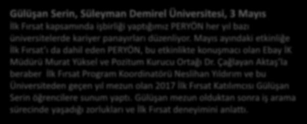 2017 PROGRAMI: KATILIMCILARIN ETKİNLİKLERİ Gülüşan Serin, Süleyman Demirel Üniversitesi, 3 Mayıs İlk Fırsat kapsamında işbirliği yaptığımız