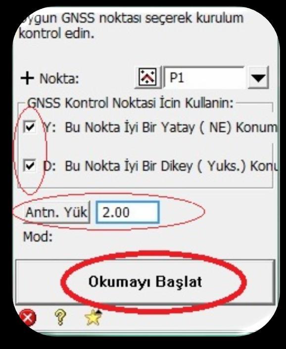 Yatay ve Düşeyde dönüşümler için gerekli kutular işaretlenir ve alet boyu da girildikten sonra "Okumayı Başlat"