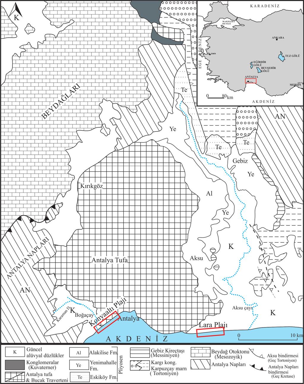 Koray Koç, Erdal Koşun, M. Erkan Karaman Şekil 1. Konyaaltı plajı ve Lara plajının yerleri ve Antalya bölgesinin jeoloji haritası (Koşun 2012 den değiştirilerek alınmıştır) Figure 1.