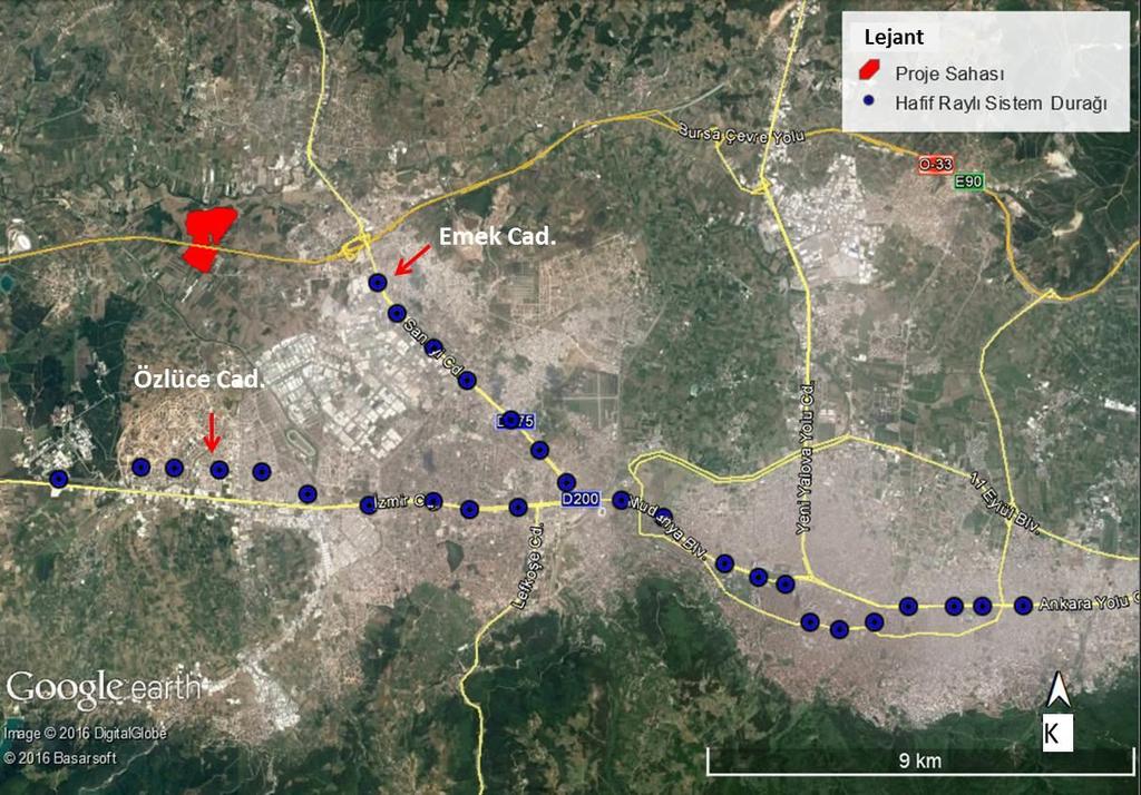 Şekil 11-7: Proje sahasının yakın çevresindeki otobüs istasyonları (Doğanköy mahallesinde bulunan otobüs istasyonu şekilde görülmemektedir) Şekil 11-8: Bursa ilindeki hafif raylı