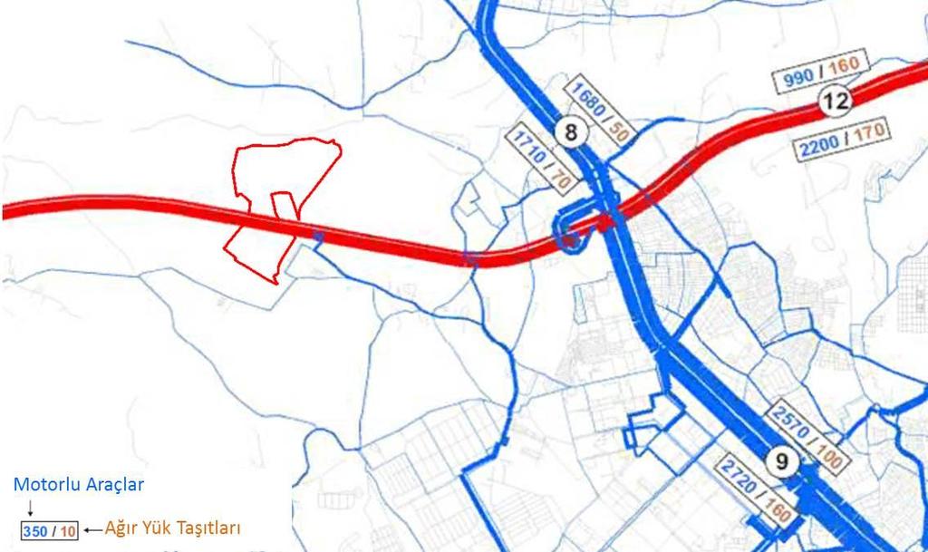 Şekil 11-12: Proje sahası yakınlarında en yoğun (zirve) saatlerde araç/saat şeklinde trafik yükleri (2010 verileri)(proje sahası şematik olarak kırmızı çizgiyle gösterilmiştir) (Kaynak: BBB, Bursa