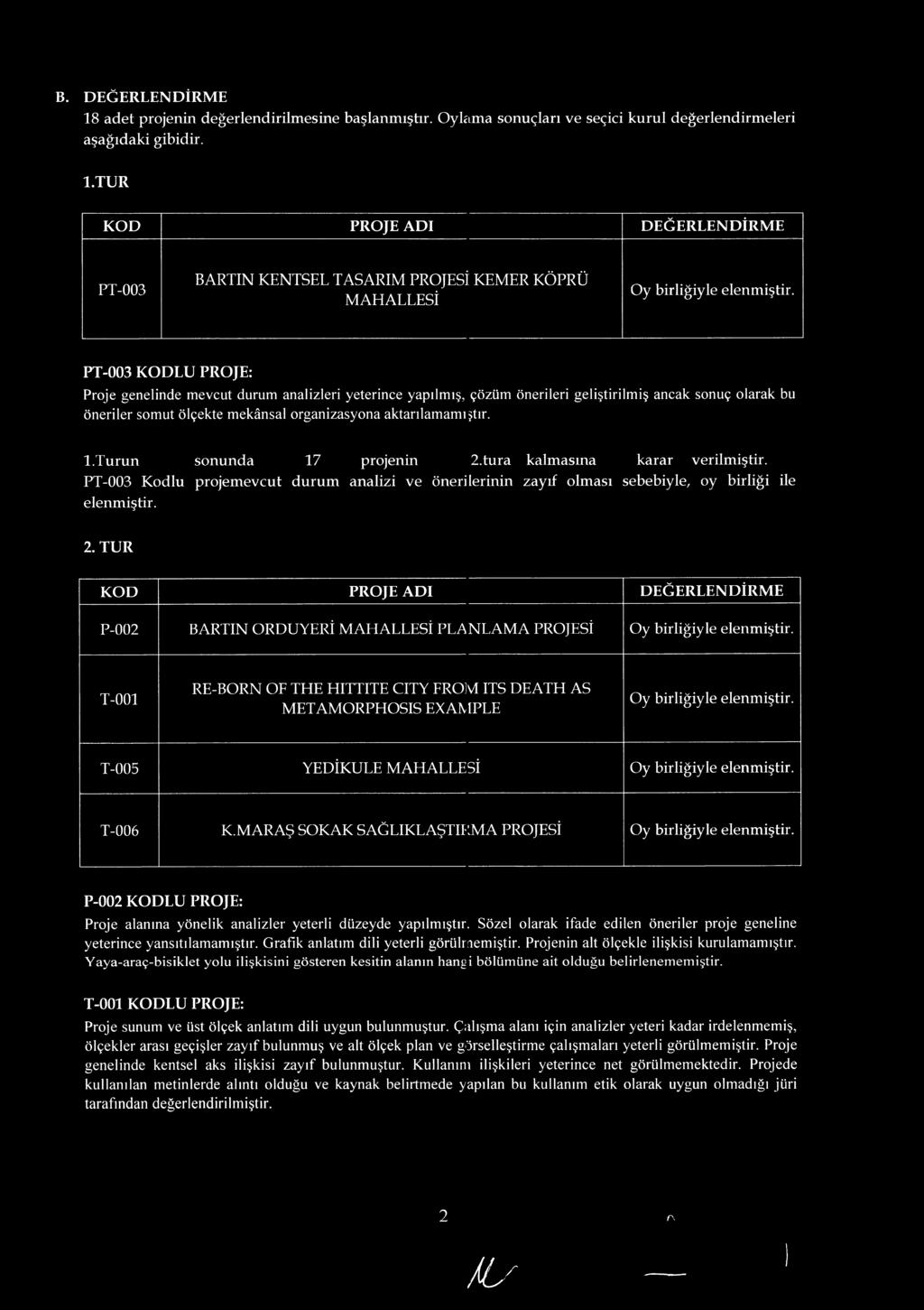 PT-003 KODLU PROJE: Proje genelinde mevcut durum analizleri yeterince yapılmış, çözüm önerileri geliştirilmiş ancak sonuç olarak bu öneriler somut ölçekte mekânsal organizasyona aktarılanı amiptir. 1.