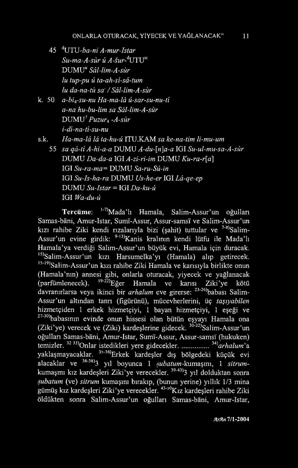 KAM sa ke-na-tim li-mu-um 55 sa qâ-ti A-hi-a-a DUMU A-du-[n]a-a IGI Su-ul-mu-sa-A-sür DUMU Da-da-a IGI A-zi-ri-im DUMU Ku-ra-r[a] IGI Su-ra-ma= DUMU Sa-ru-Sü-in IGI Su-Is-ha-ra DUMU Us-he-er IGI