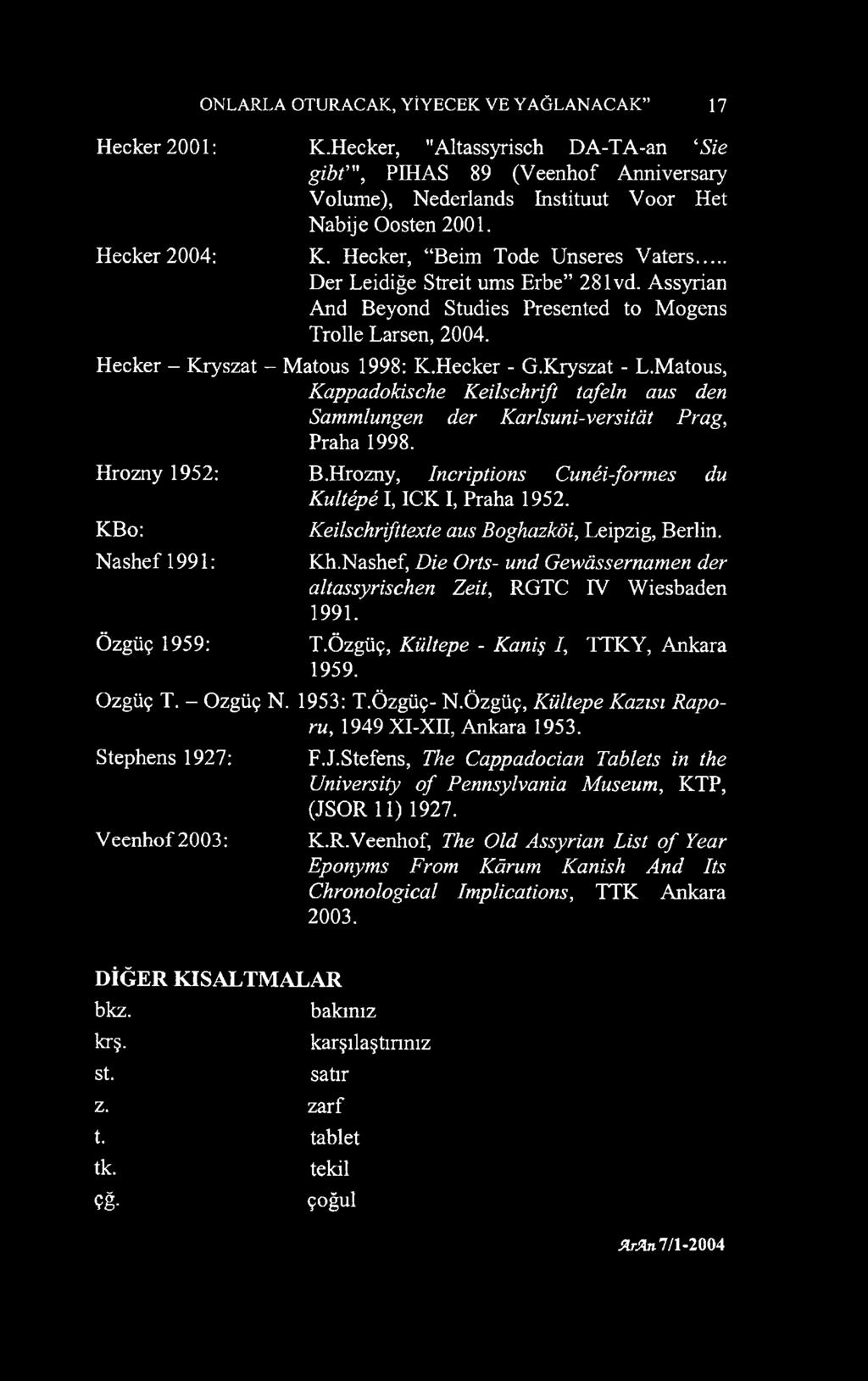 Matous, Kappadokische Keilschrift tafeln aus den Sammlungen der Karlsuni-versität Prag, Praha 1998. Hrozny 1952: KBo: Nashef 1991: Özgüç 1959: B.