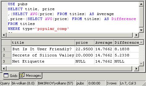 USE pubs SELECT title, price,(select AVG(price) FROM titles) AS Average,price-(SELECT AVG(price) FROM titles) AS Difference FROM titles WHERE type='popular_comp' İlişkili Alt Sorgu İç sorgu ile dış